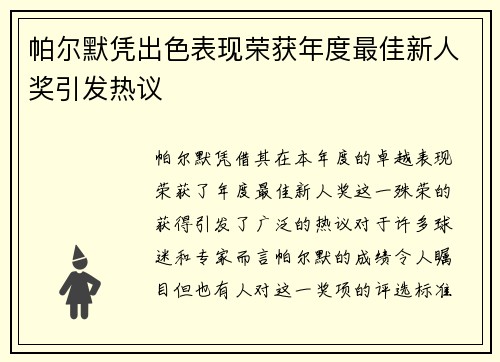 帕尔默凭出色表现荣获年度最佳新人奖引发热议